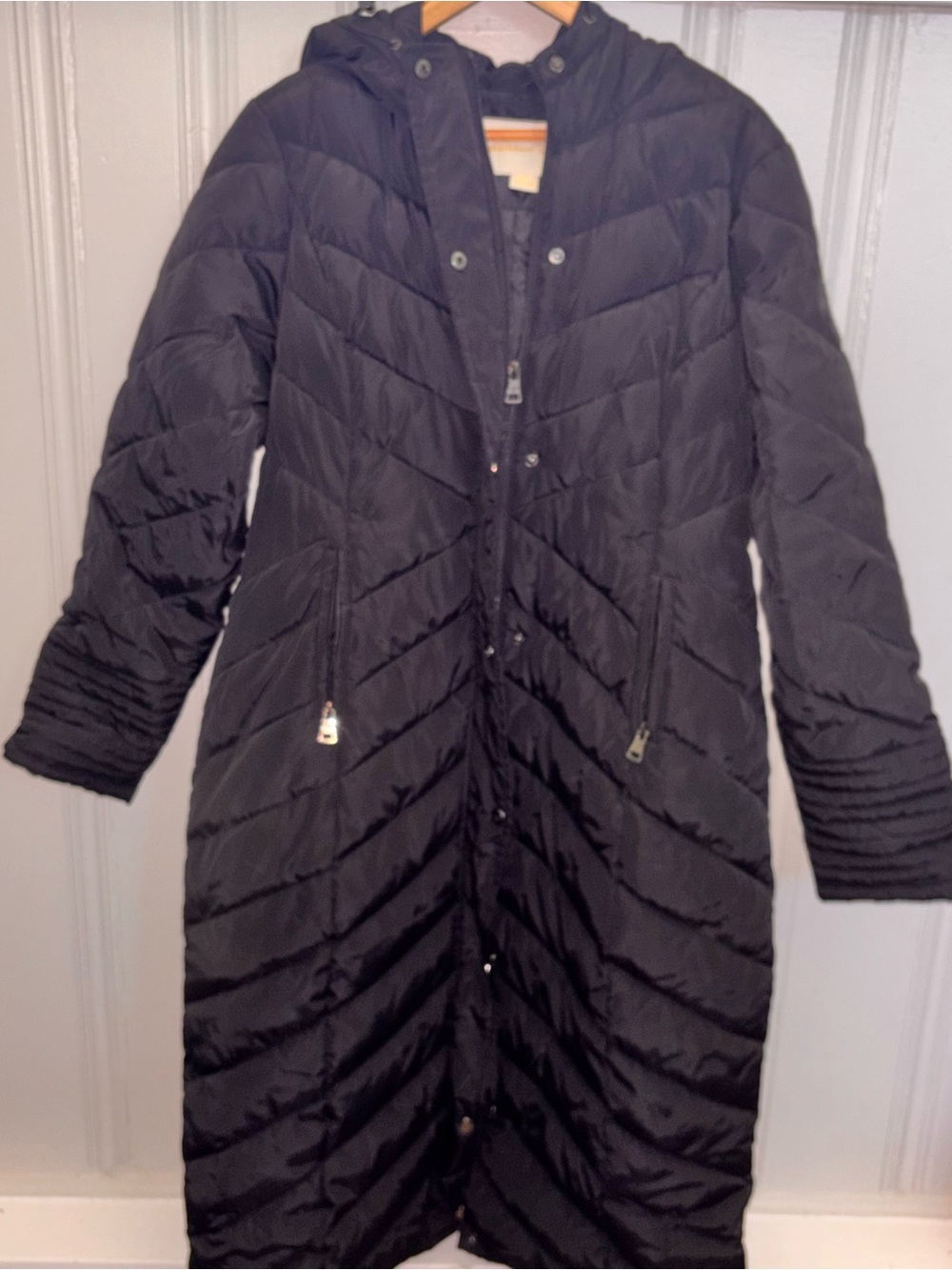 Madden Girl long black quilted puffer coat with hood, size M